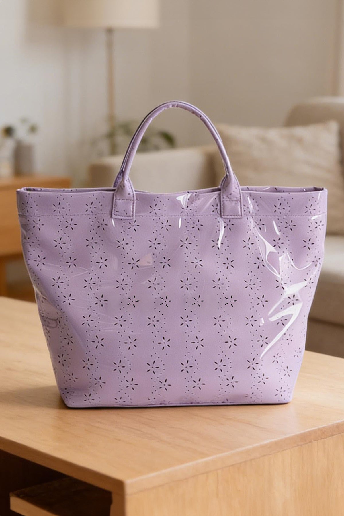 Color black Plaid Pattern PVC Glossy Waterproof Tote Bag