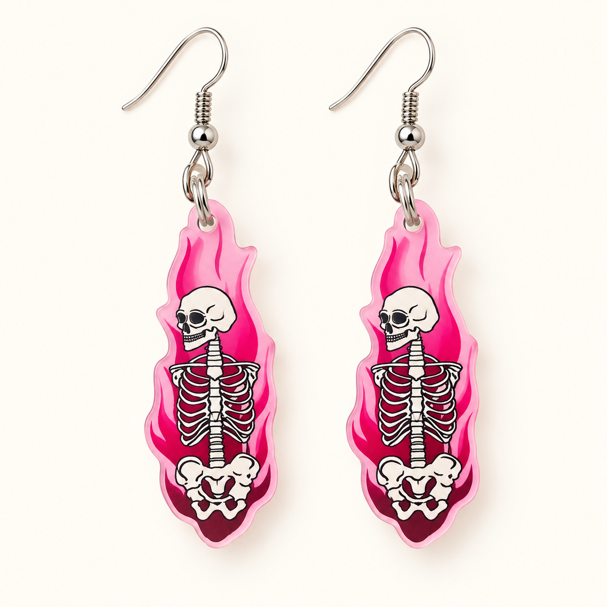 Pink Flame Skeleton Dangle Earrings