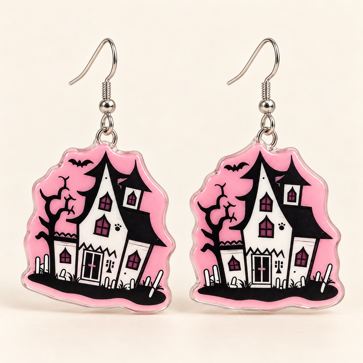 Pink Haunted House Dangle Earrings