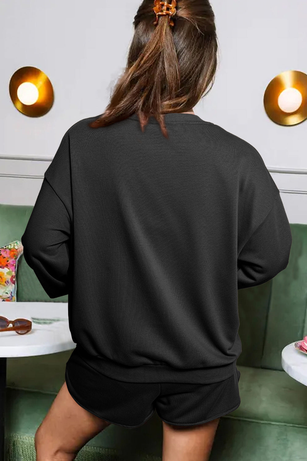 Sequined COFFEE Loose Fit Sweatshirt and Shorts Set-Black