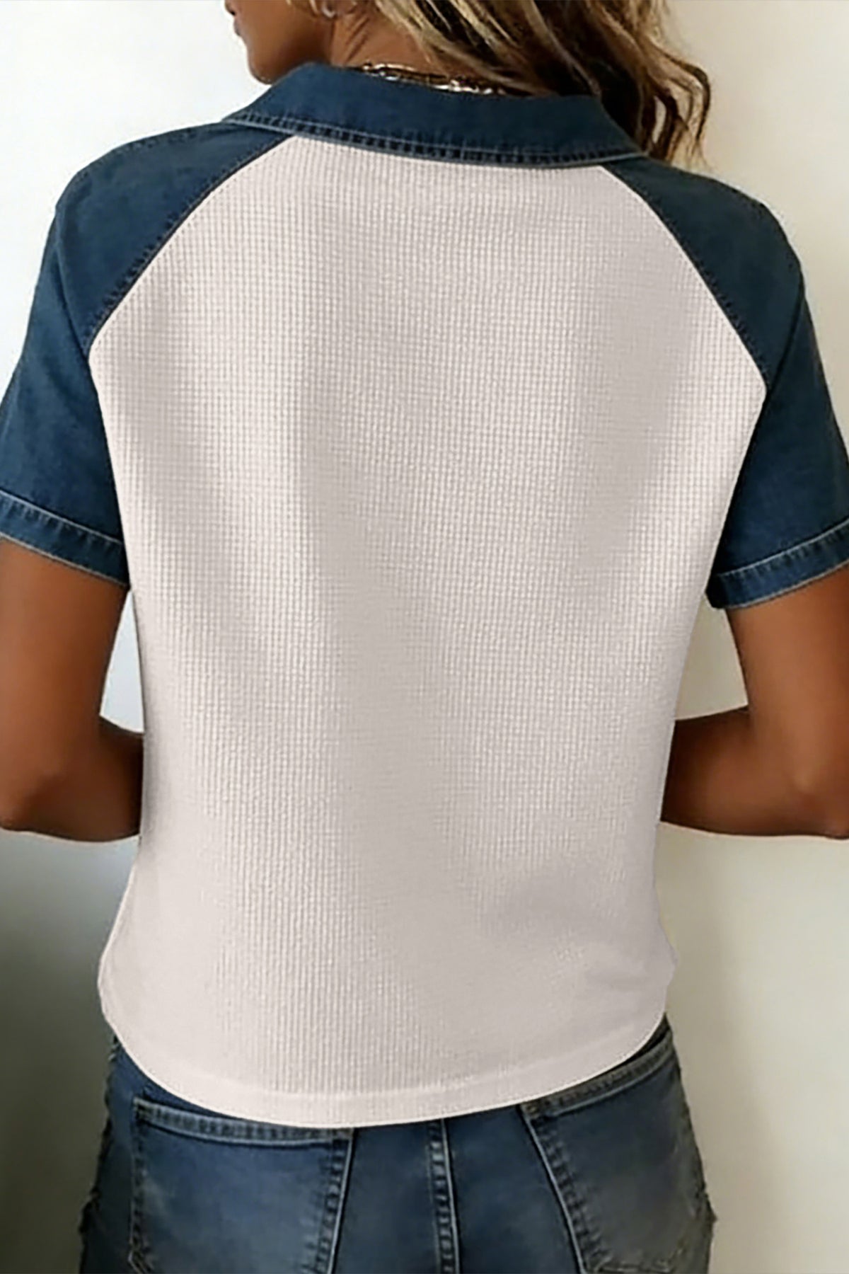 White Textured Color Block Denim Patchwork Polo Collar Tee