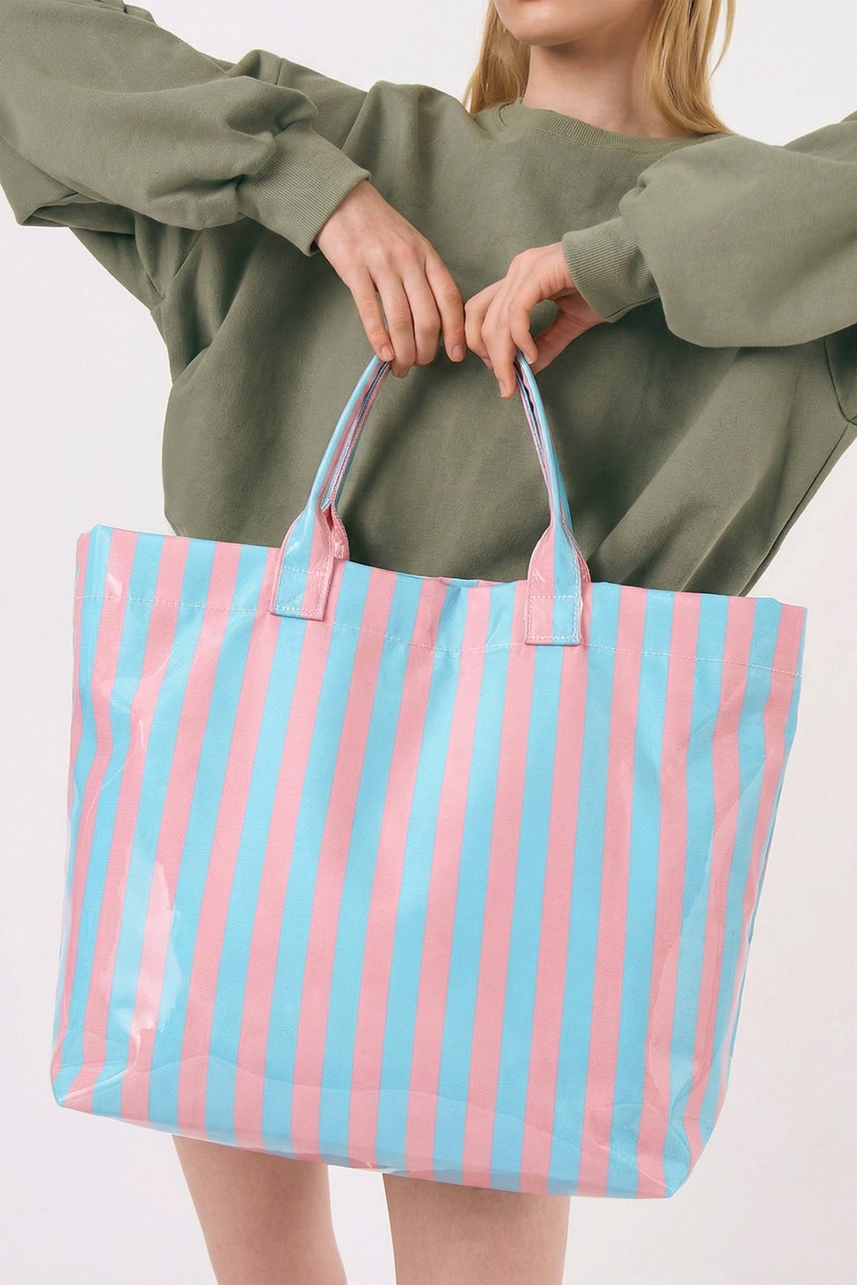 Rose Red Glossy Striped Vinyl Large Tote Bag (Color Varied)