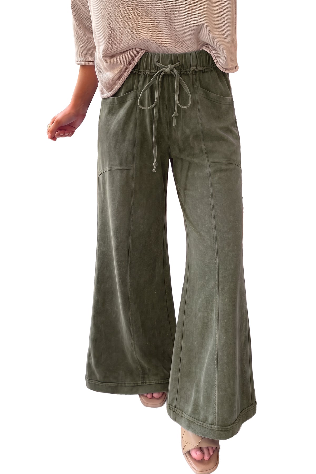 Ashleigh Blue Mineral Wash Seam Detail Flare Leg Drawstring Pants
