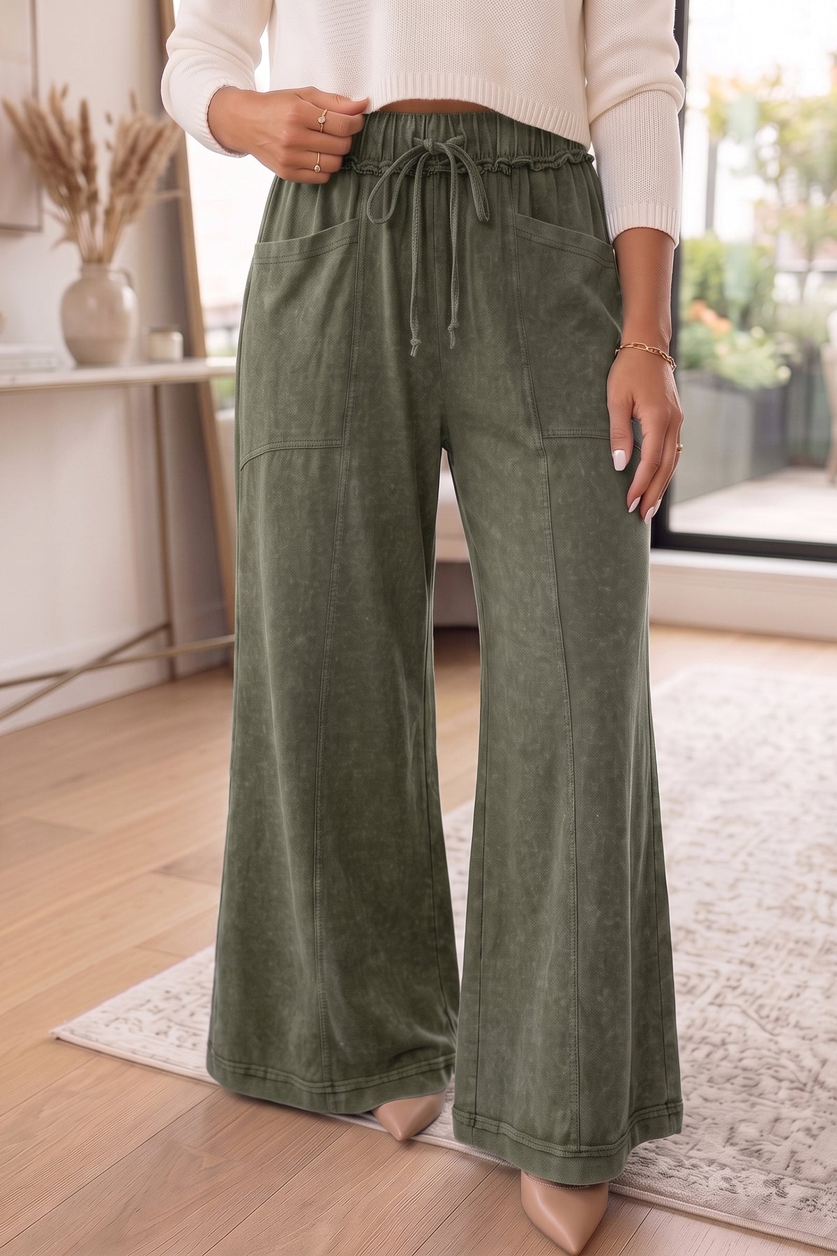 Ashleigh Blue Mineral Wash Seam Detail Flare Leg Drawstring Pants