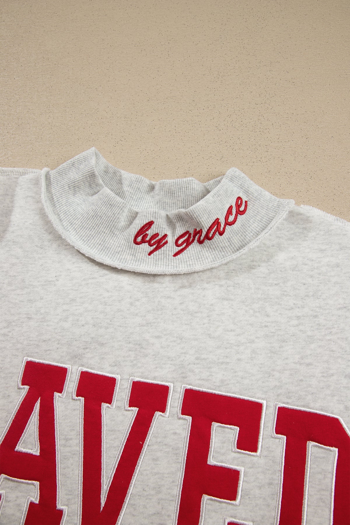 Fiery Red Saved By Grace Embroidered Detail Letter Graphic High Neck Sweatshirt