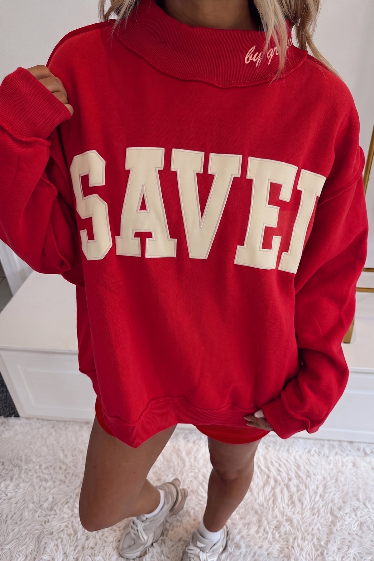 Fiery Red Saved By Grace Embroidered Detail Letter Graphic High Neck Sweatshirt