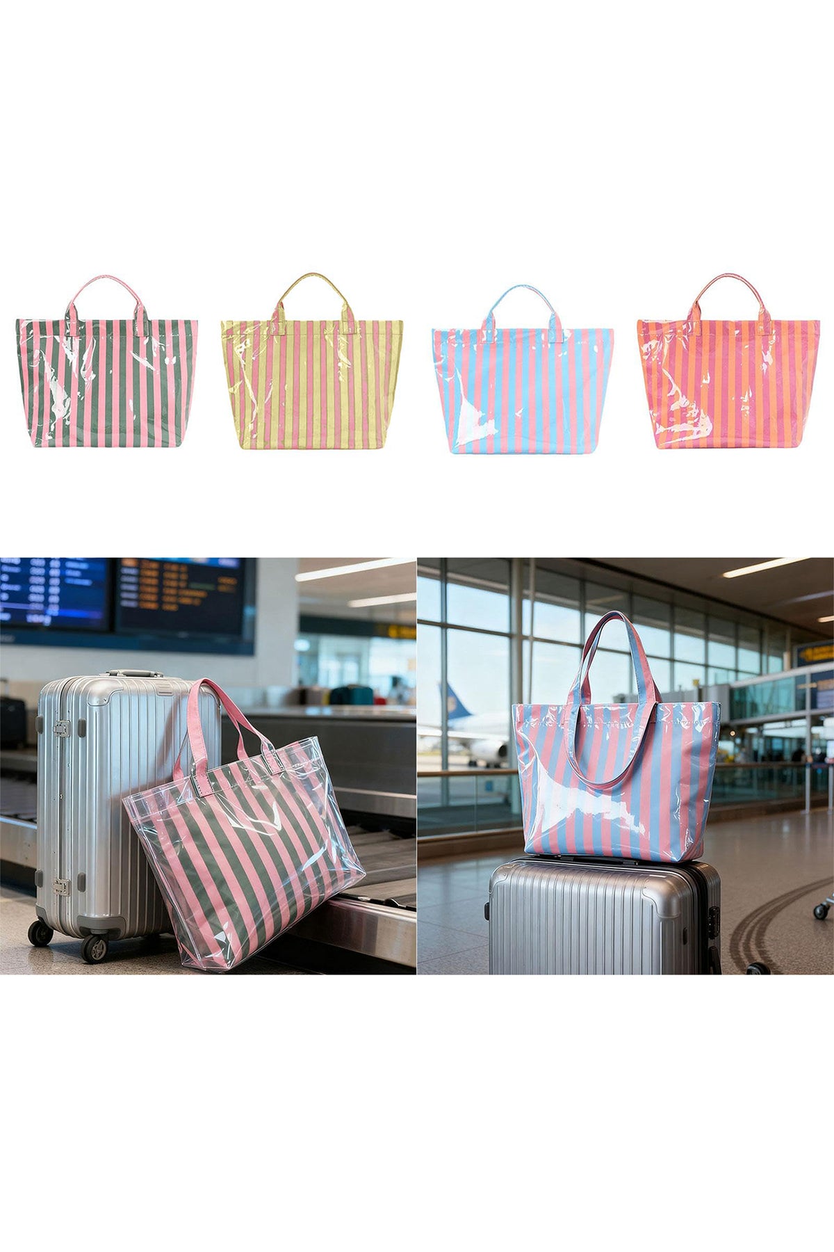 Rose Red Glossy Striped Vinyl Large Tote Bag (Color Varied)