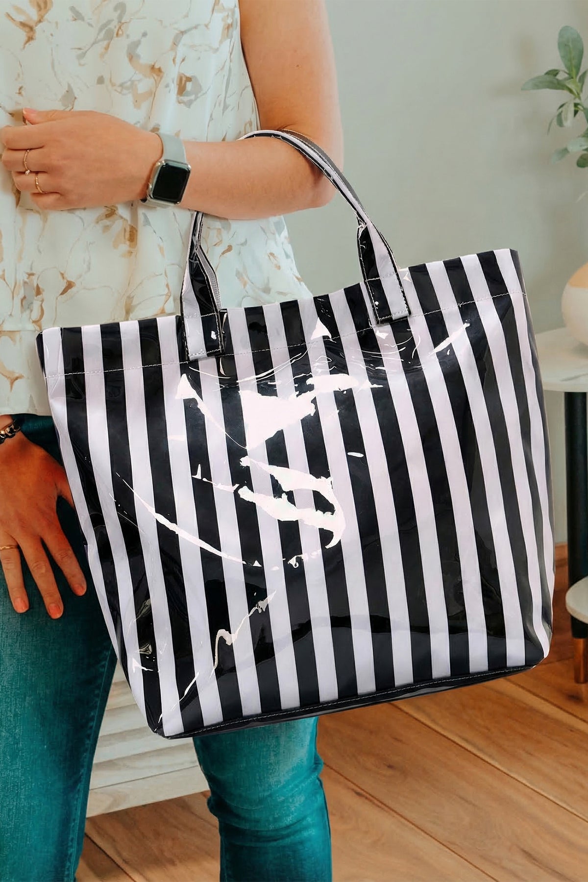 Rose Red Glossy Striped Vinyl Large Tote Bag (Color Varied)