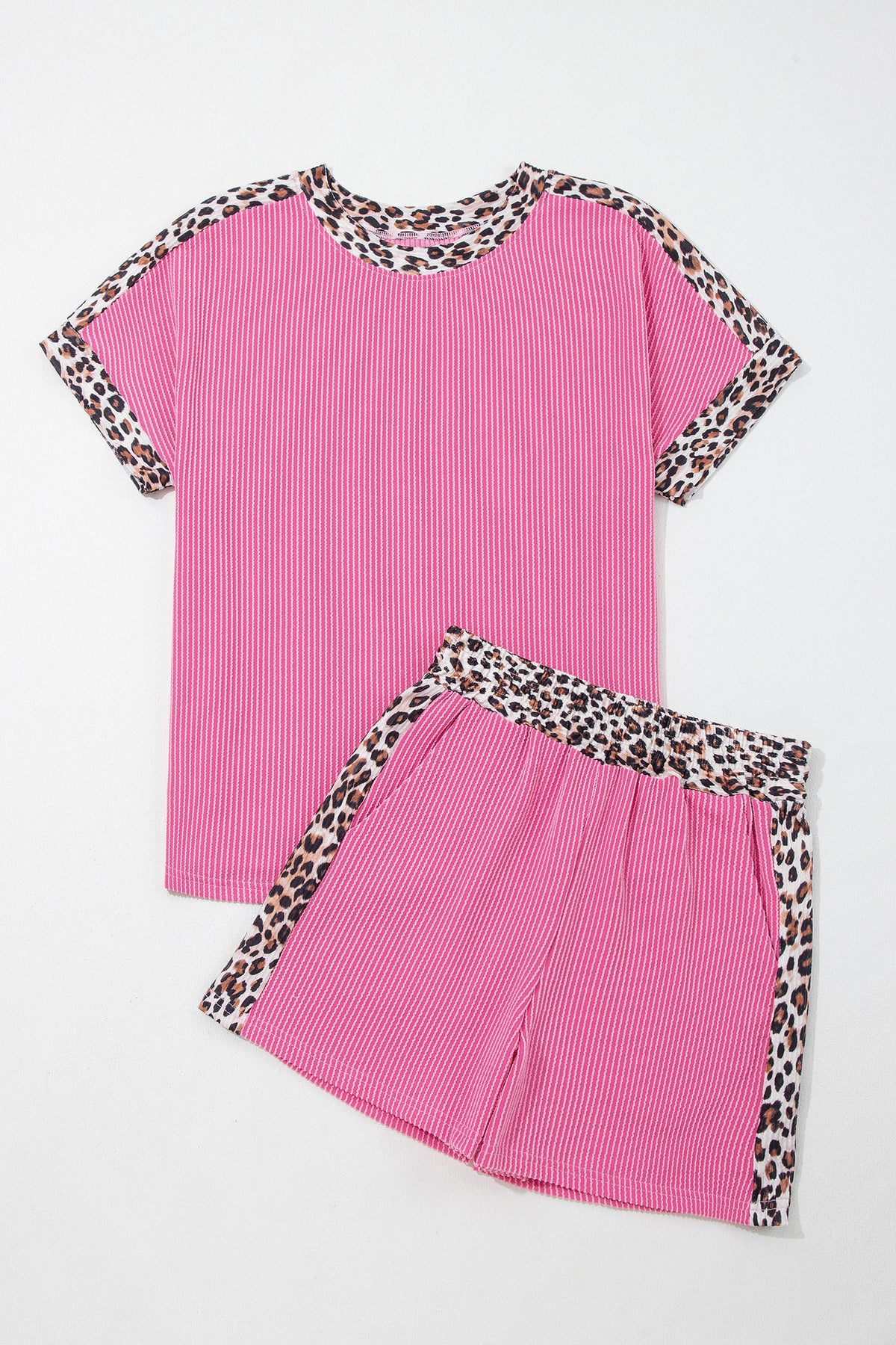 Sky Blue Leopard Trim Twist Ribbed Short Set