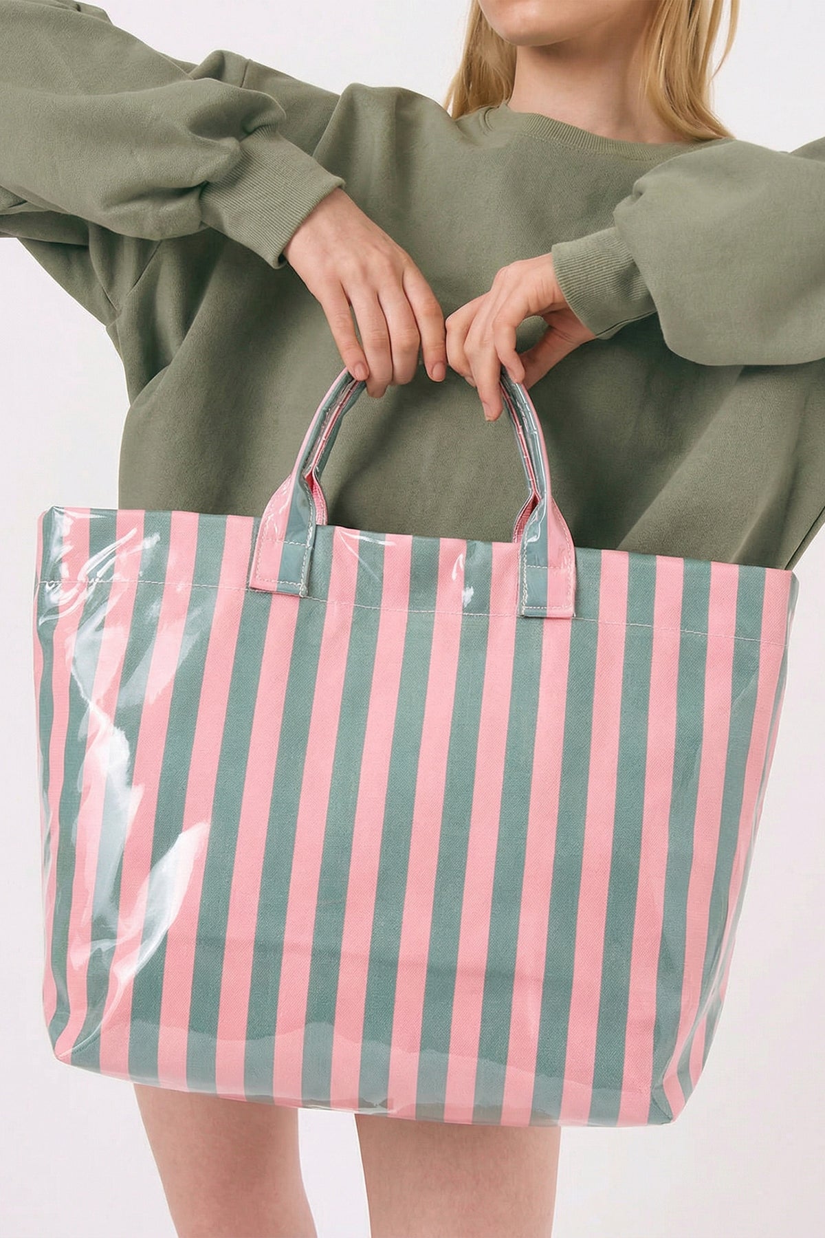 Rose Red Glossy Striped Vinyl Large Tote Bag (Color Varied)