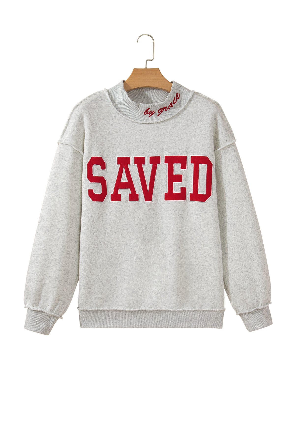 Fiery Red Saved By Grace Embroidered Detail Letter Graphic High Neck Sweatshirt