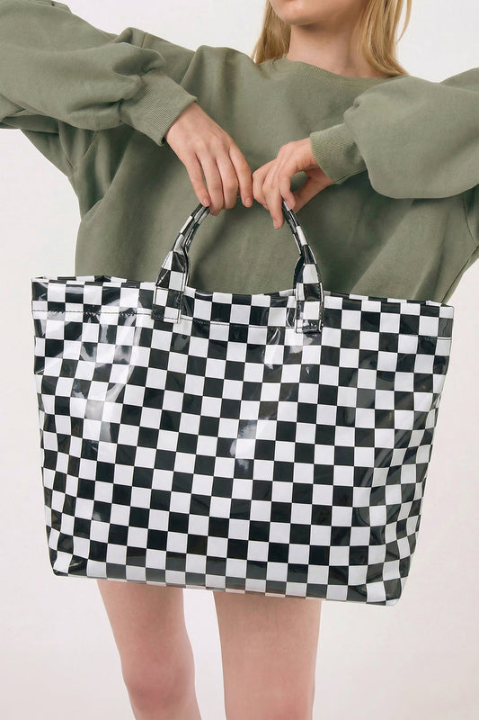 Color black Plaid Pattern PVC Glossy Waterproof Tote Bag