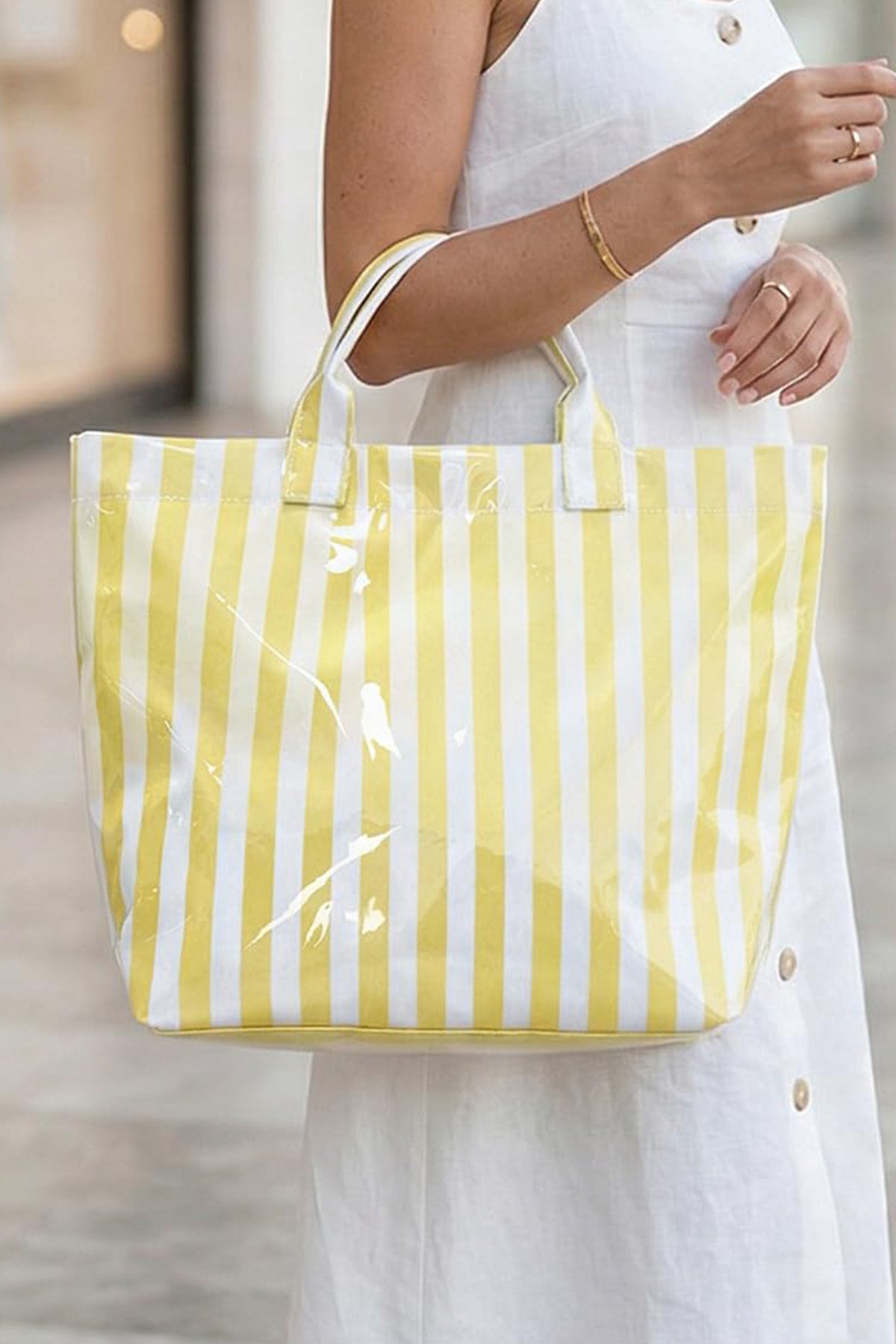 Rose Red Glossy Striped Vinyl Large Tote Bag (Color Varied)