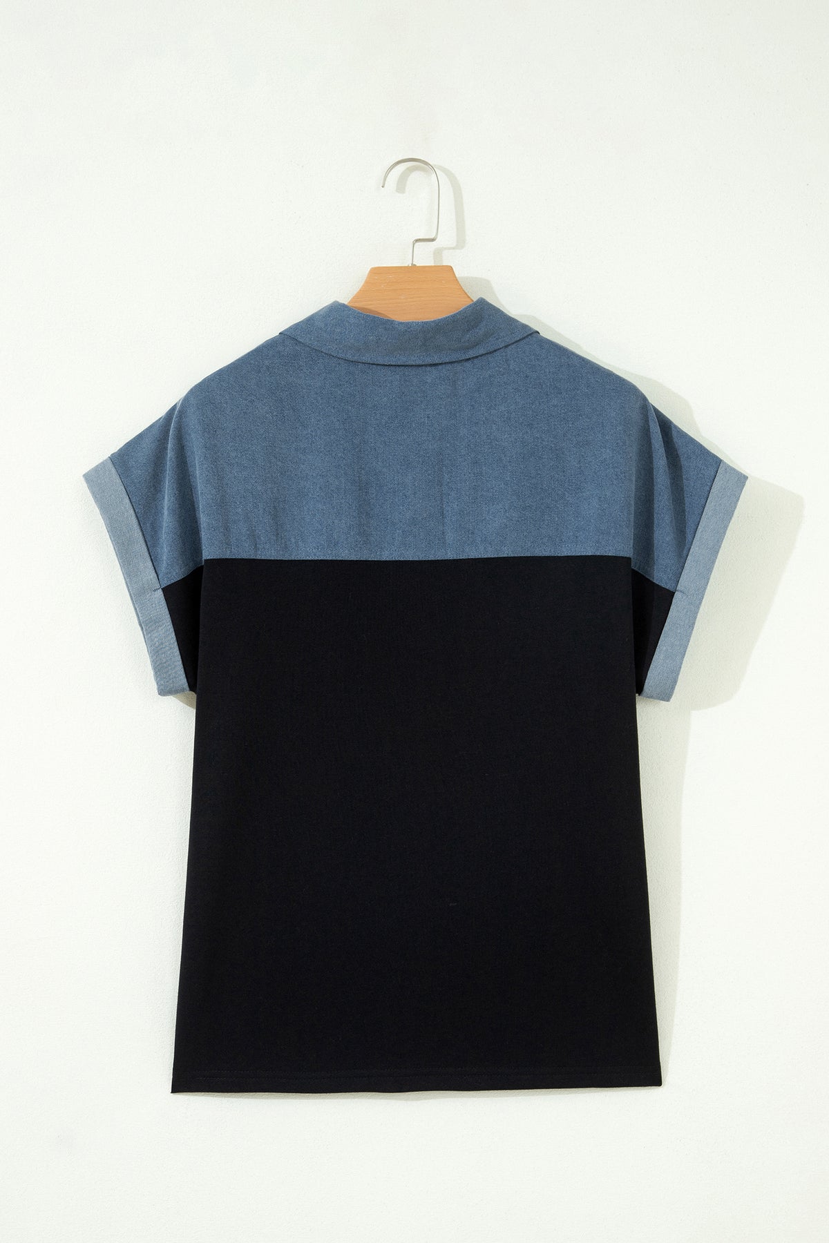 Black Color Block Denim Patchwork Button Polo Collar Short Sleeve Top