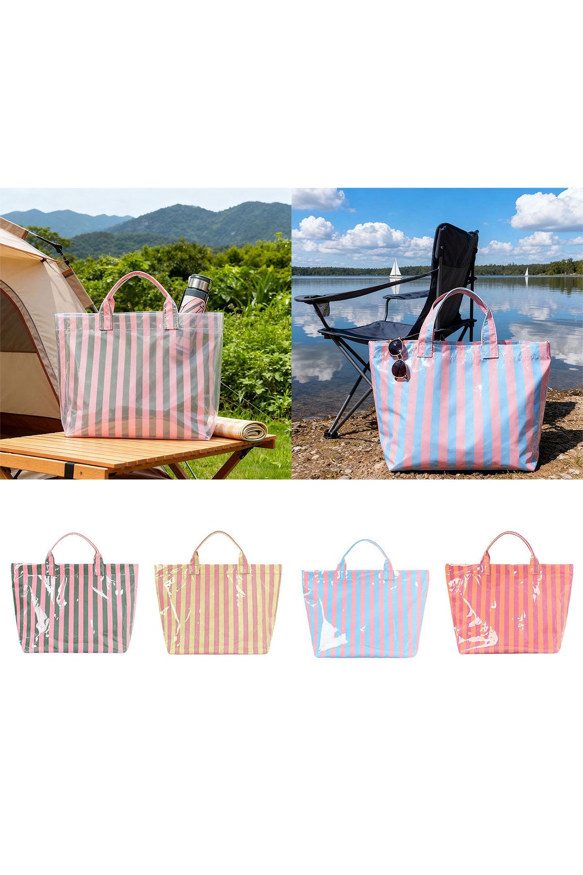 Rose Red Glossy Striped Vinyl Large Tote Bag (Color Varied)