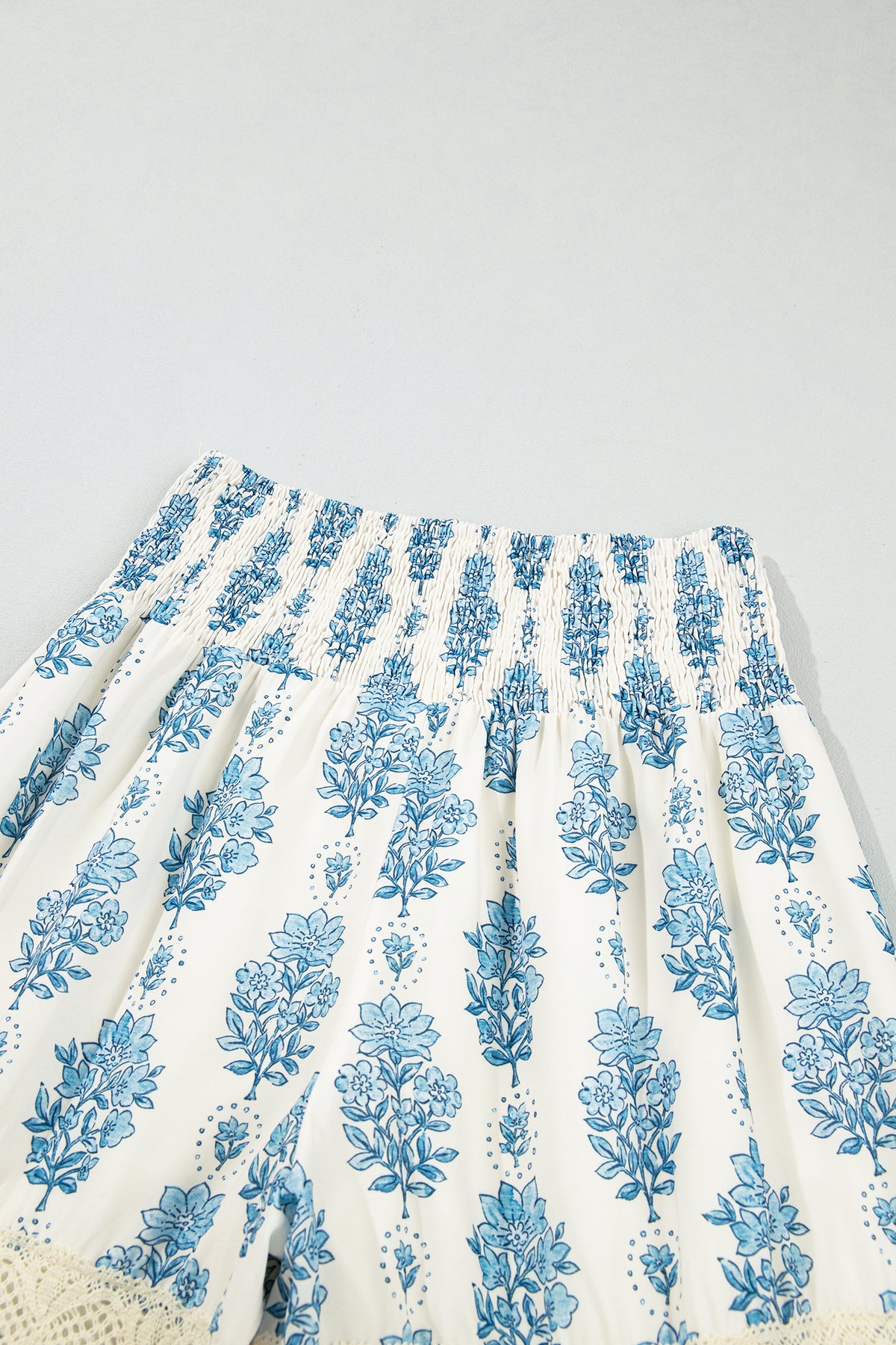 Sky Blue Floral Print Lace Patchwork Detail Wide Leg Pants