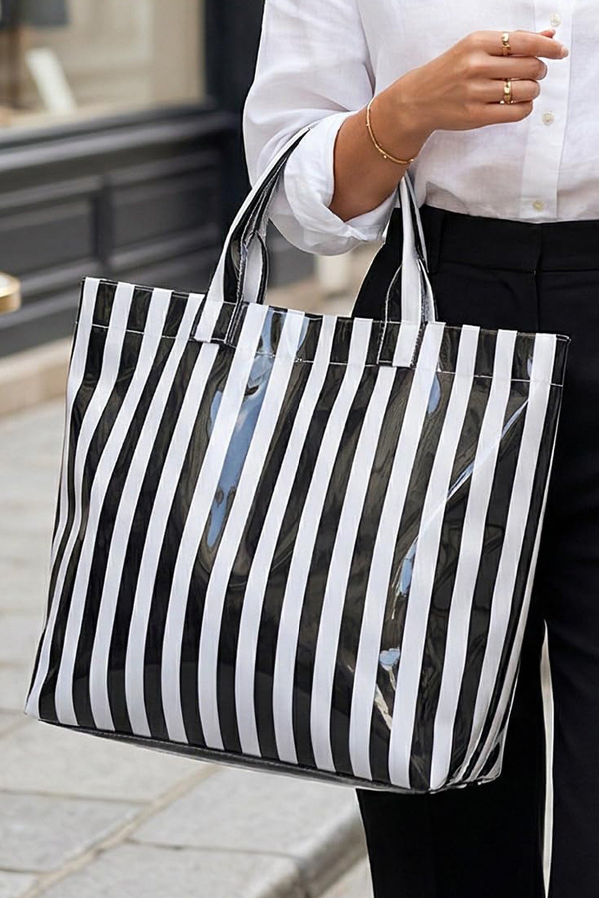 Rose Red Glossy Striped Vinyl Large Tote Bag (Color Varied)