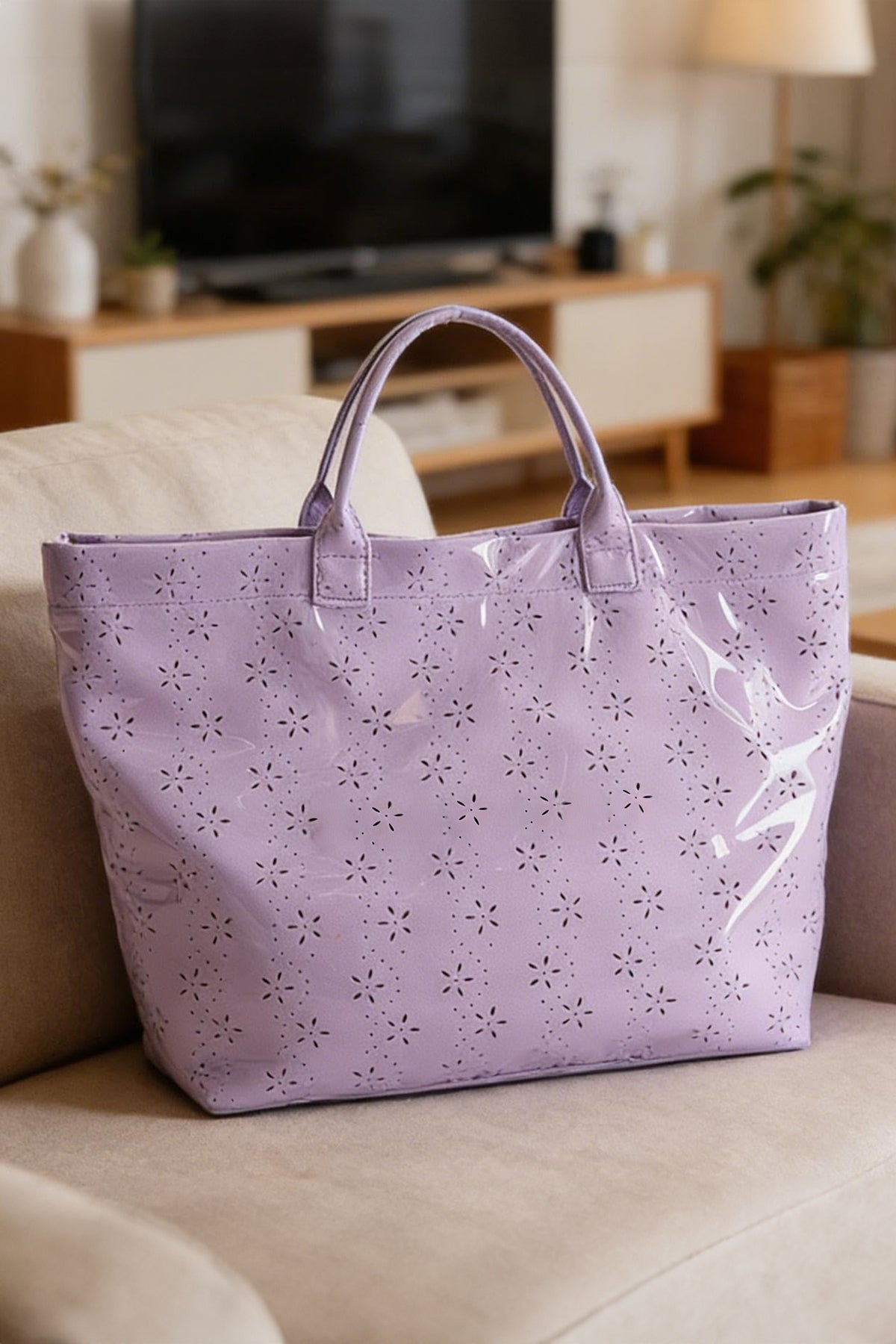 Color black Plaid Pattern PVC Glossy Waterproof Tote Bag