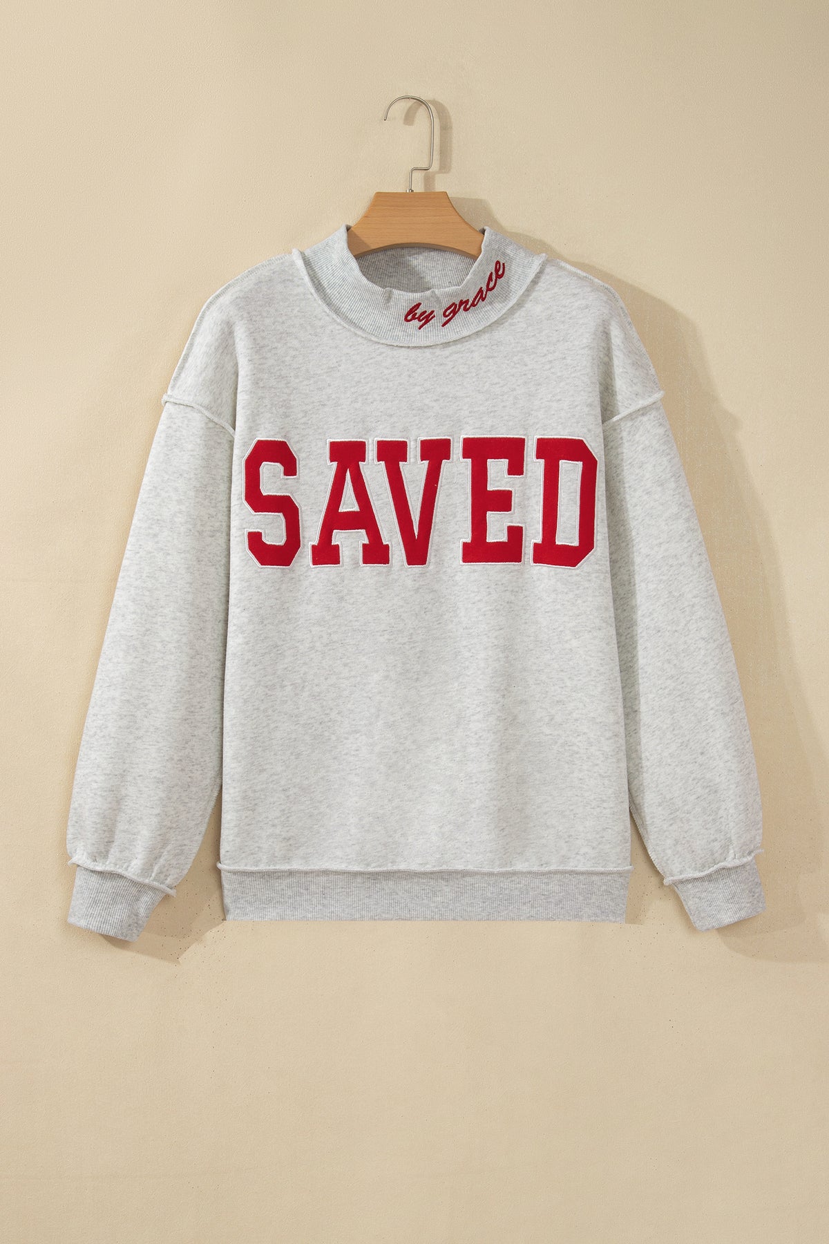 Fiery Red Saved By Grace Embroidered Detail Letter Graphic High Neck Sweatshirt