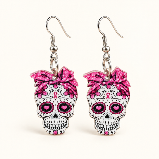 Pink Sugar Skull Bow Halloween Earrings