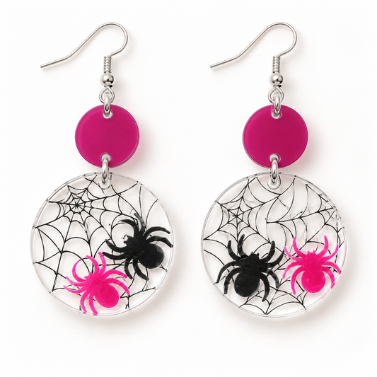 Pink & Black Spiderweb Halloween Dangle Earrings