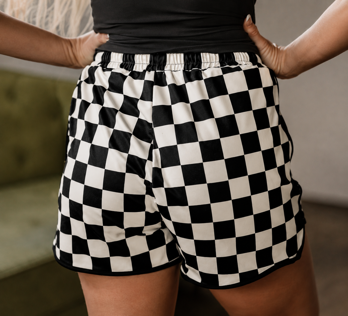 Black & White Checkered Drawstring Shorts