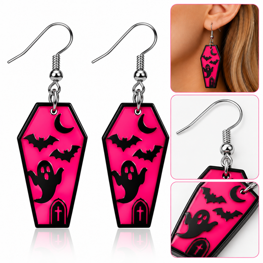 Pink Ghost & Bat Coffin Halloween Earrings