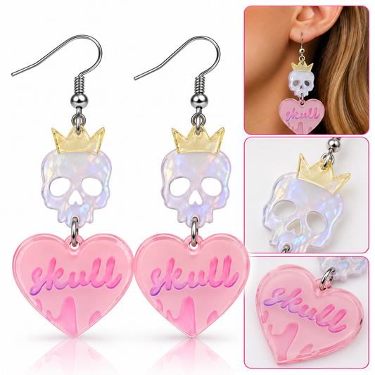 Pink Skull Queen Heart Halloween Earrings