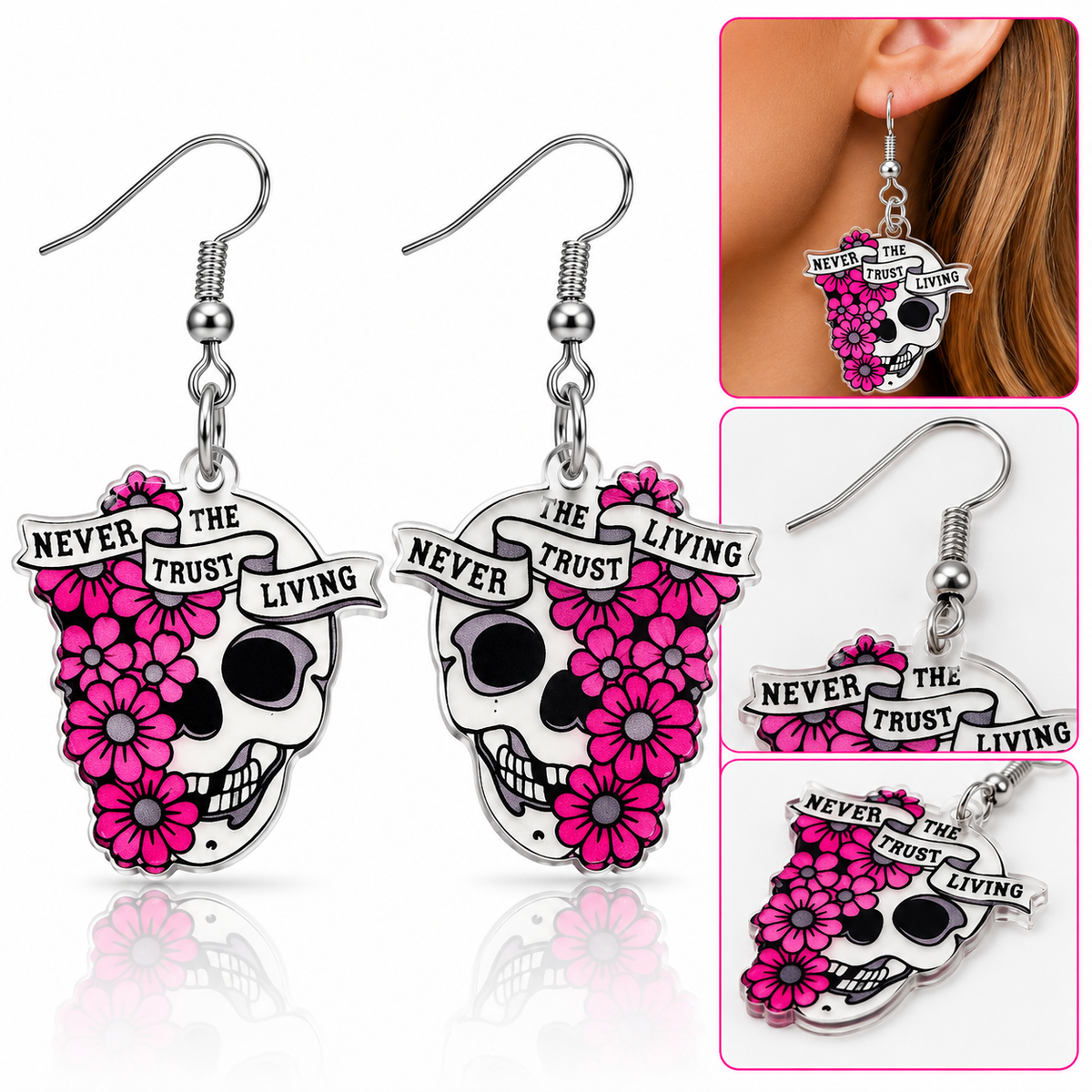 Never Trust the Living Pink Floral Skull Earrings