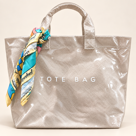 Neutral Glossy Tote with Colorful Scarf
