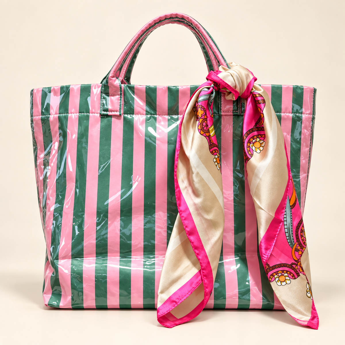 Pink & Green Striped Tote with Scarf