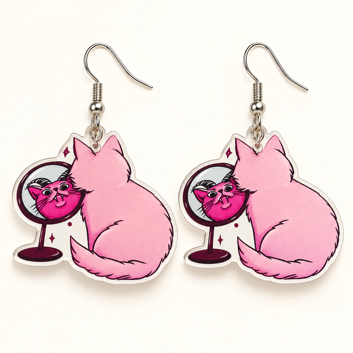 Pink Cat Mirror Dangle Earrings