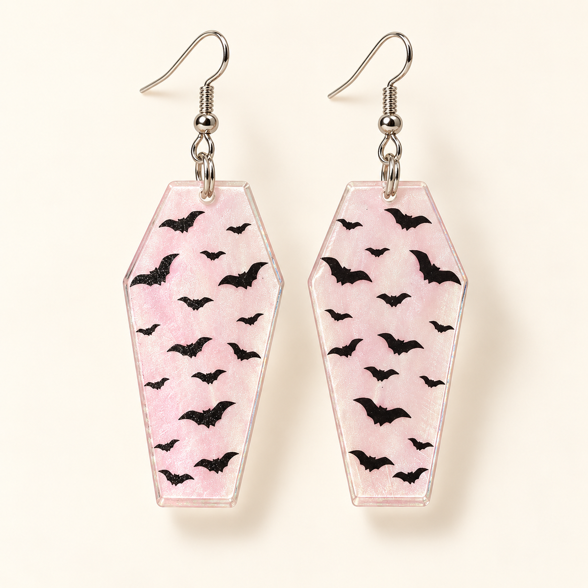 Pink Bat Coffin Halloween Earrings