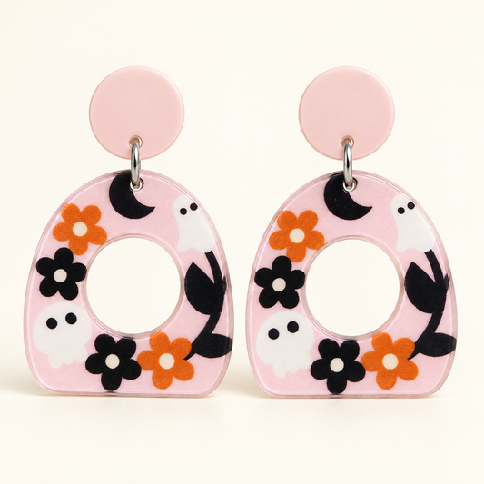 Pink Ghost & Floral Halloween Drop Earrings