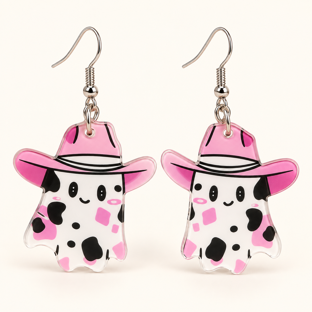 Pink Cow Print Witch Ghost Earrings