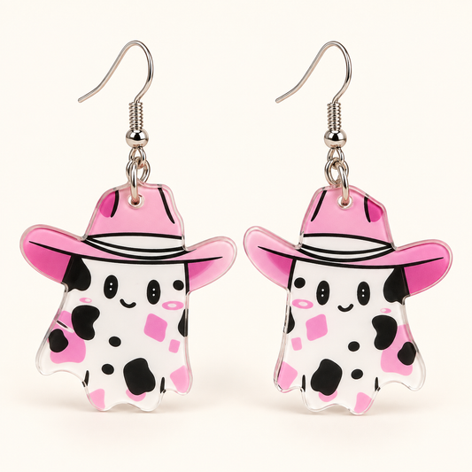 Pink Cow Print Witch Ghost Earrings