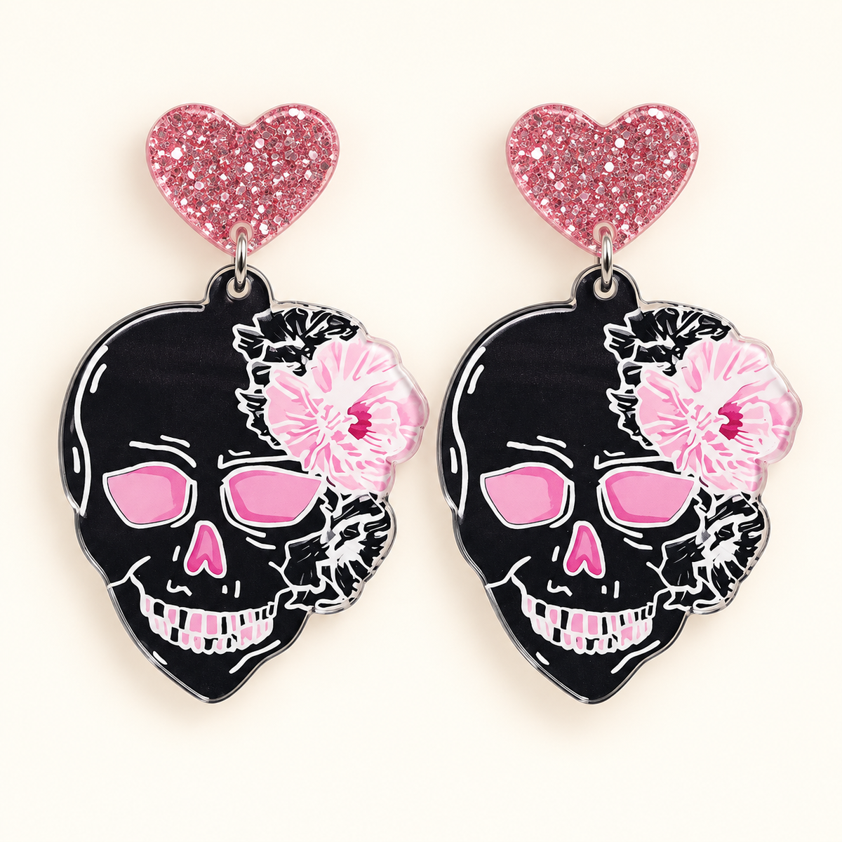 Spooky Sweet Floral Skull & Glitter Heart Earrings