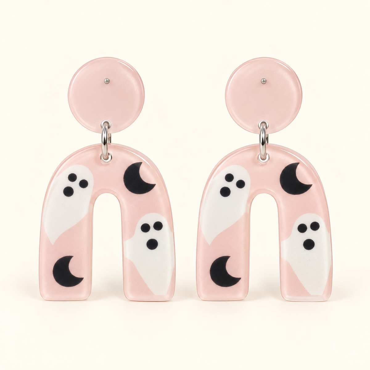 Pink Ghost & Moon Arch Earrings