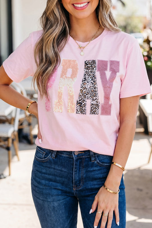 PRAY Sequin & Leopard Patch Tee