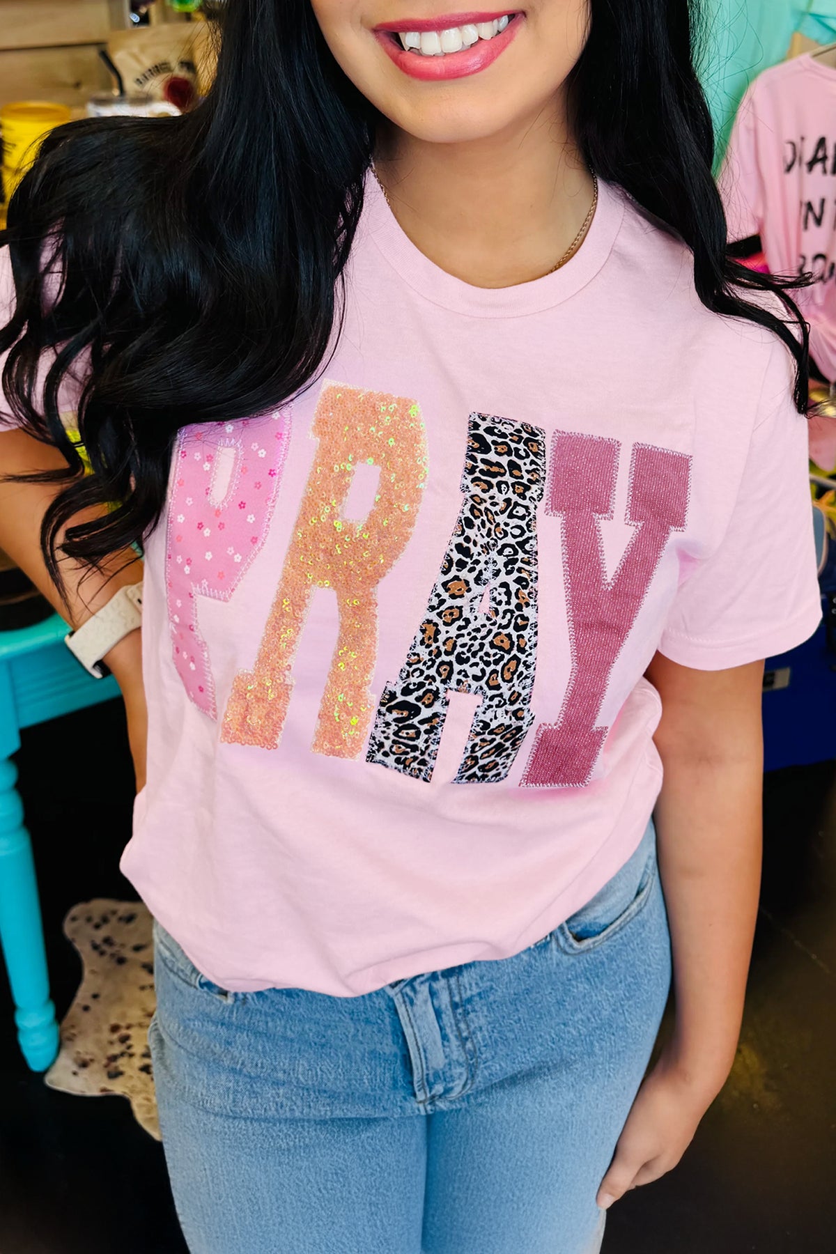 PRAY Sequin & Leopard Patch Tee