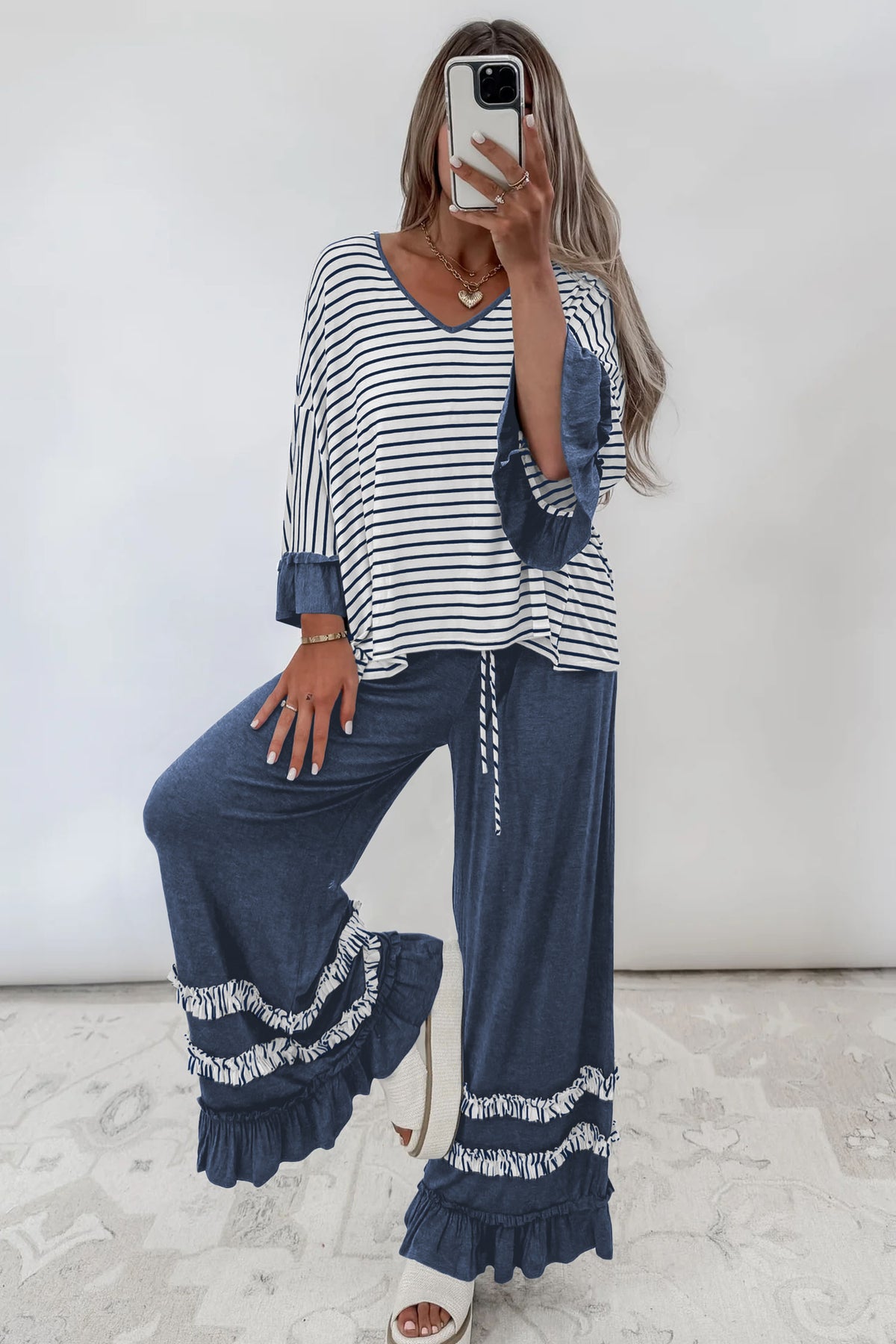 Blue Haven Striped & Ruffle Wide-Leg Pants Set