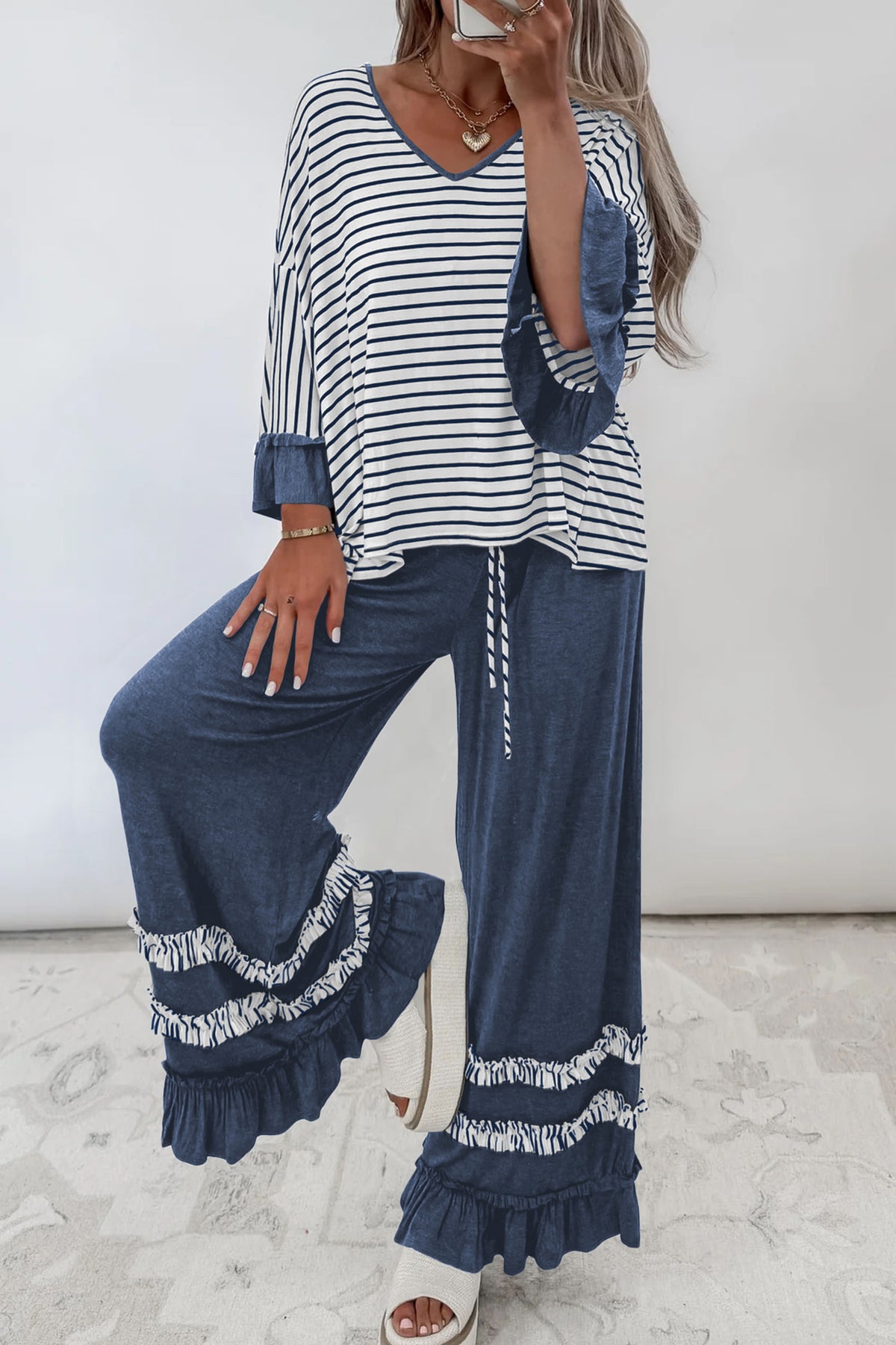 Blue Haven Striped & Ruffle Wide-Leg Pants Set