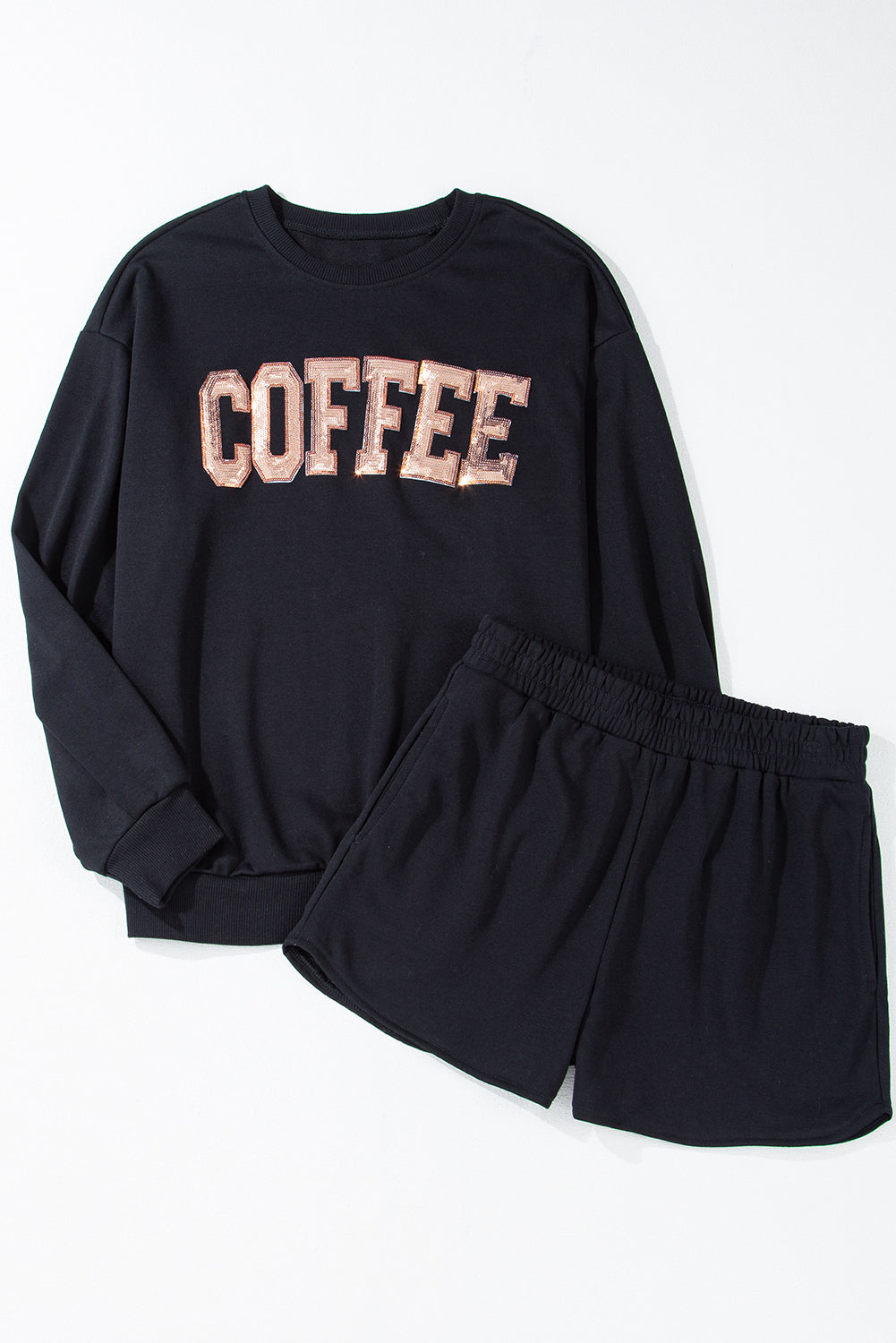 Sequined COFFEE Loose Fit Sweatshirt and Shorts Set-Black