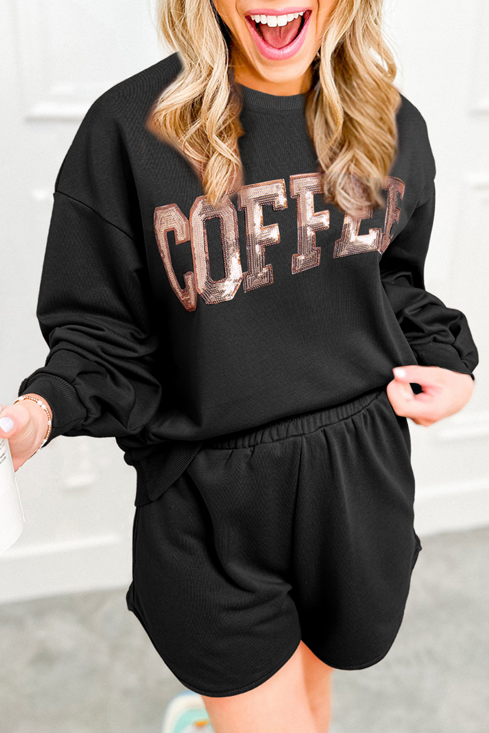 Sequined COFFEE Loose Fit Sweatshirt and Shorts Set-Black