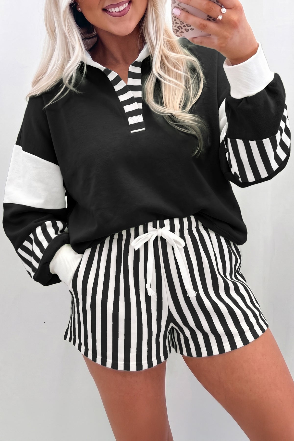 Off-Duty Chic Black & White Striped Shorts Set