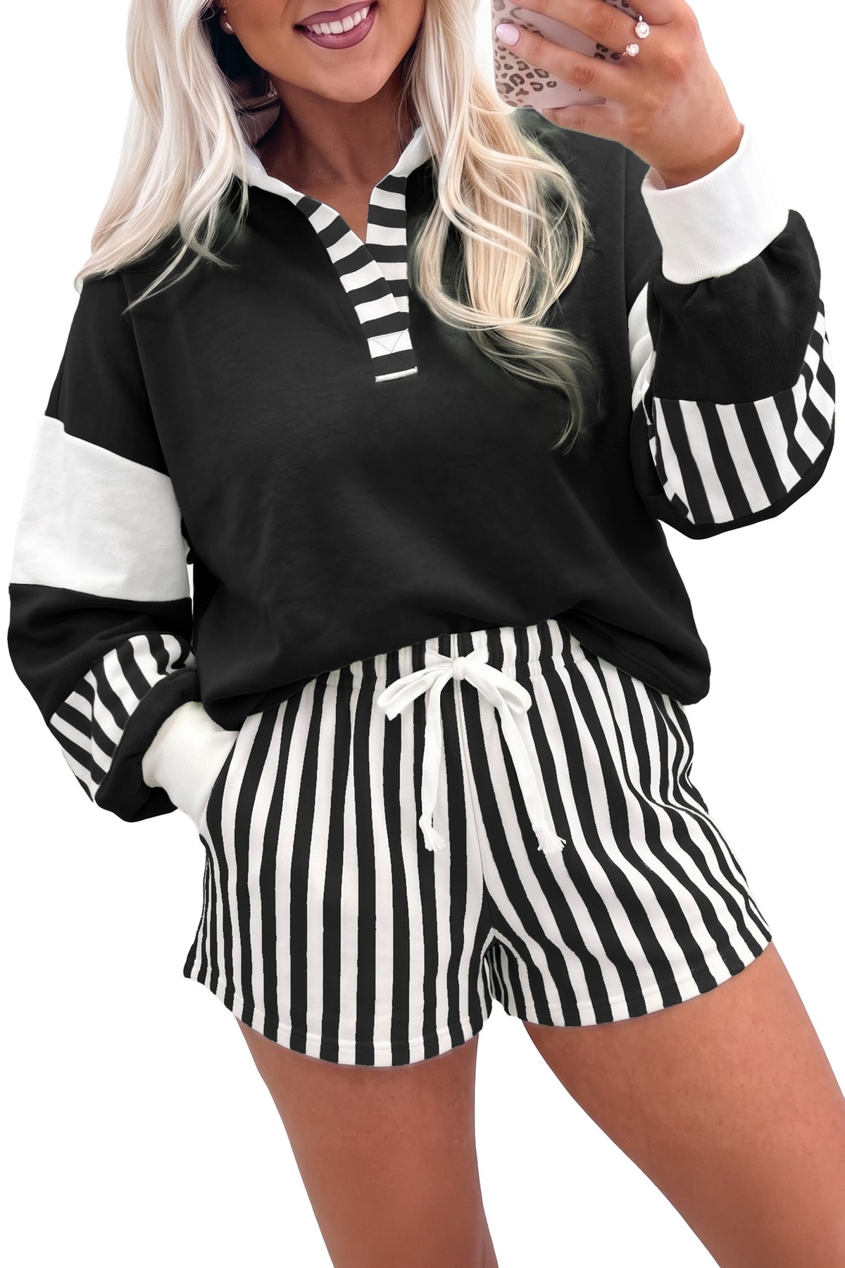 Off-Duty Chic Black & White Striped Shorts Set
