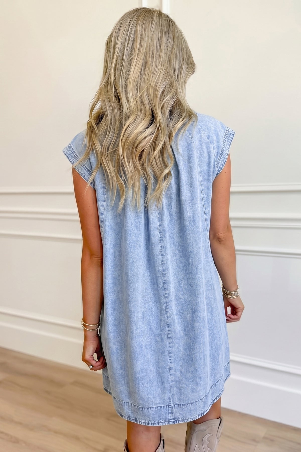 Beau Blue Pleated Denim Shift Dress