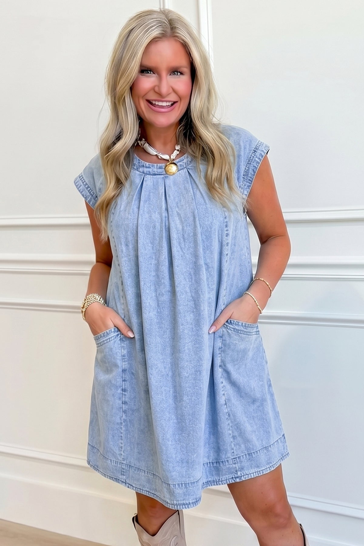 Beau Blue Pleated Denim Shift Dress