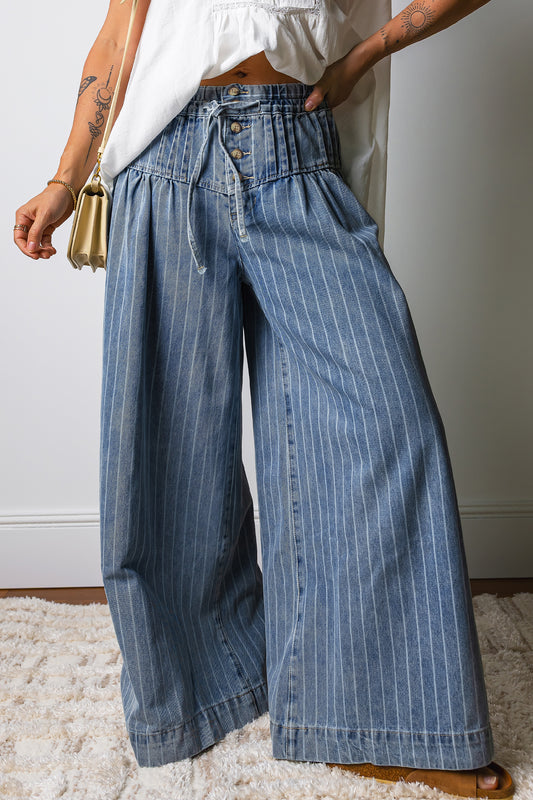 Sky Blue Striped Denim Wide Leg Pants
