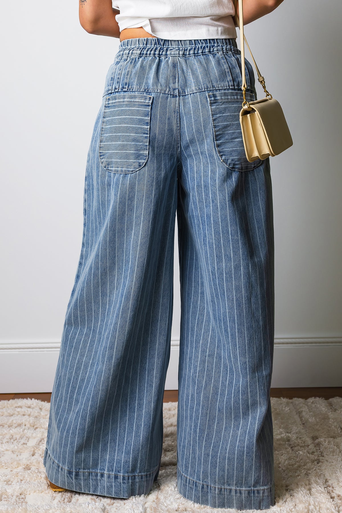 Sky Blue Striped Denim Wide Leg Pants
